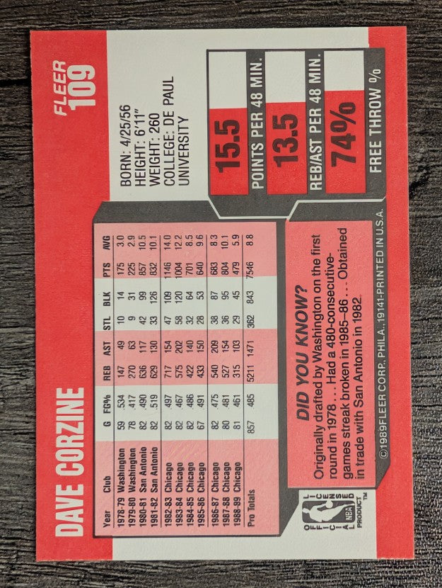 1989-90 Fleer #109 Dave Corzine