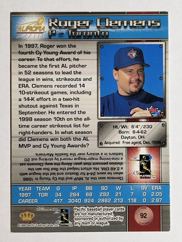 1998 Aurora #92 Roger Clemens