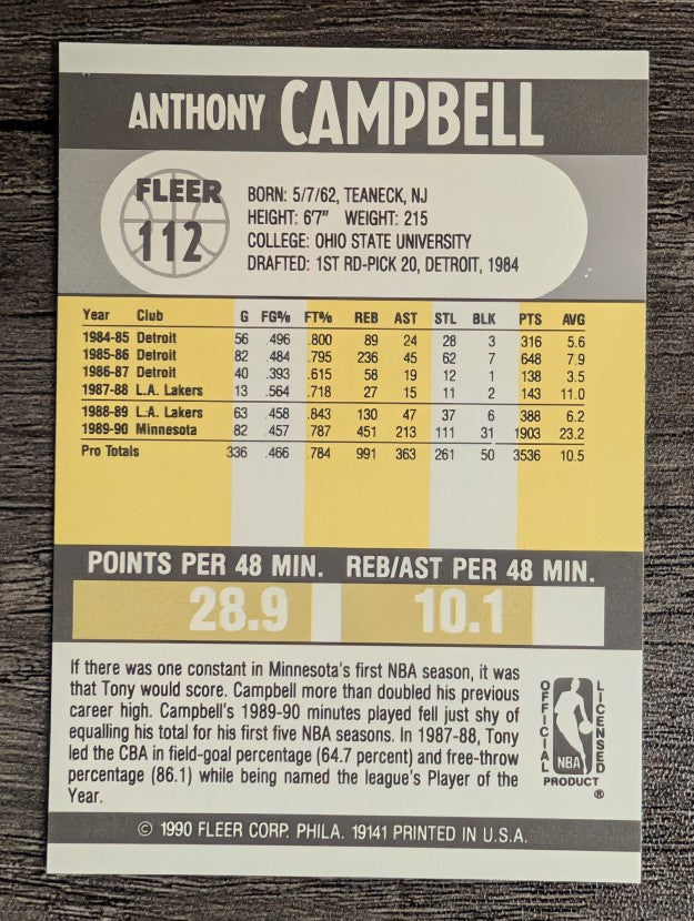1990-91 Fleer #112 Tony Campbell