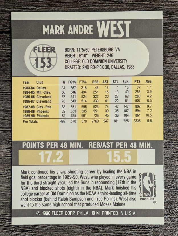 1990-91 Fleer #153 Mark West