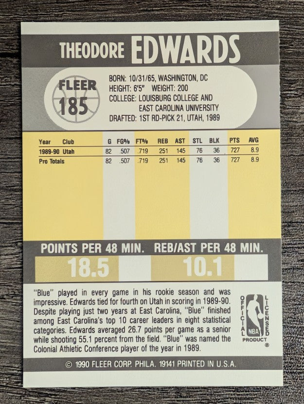 1990-91 Fleer #185 Blue Edwards RC