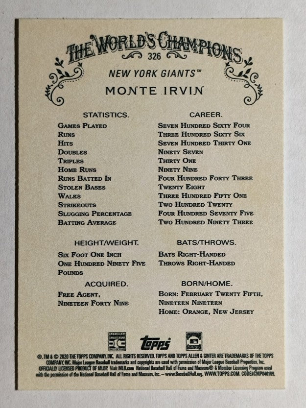 2020 Topps Allen and Ginter #326 Monte Irvin SP