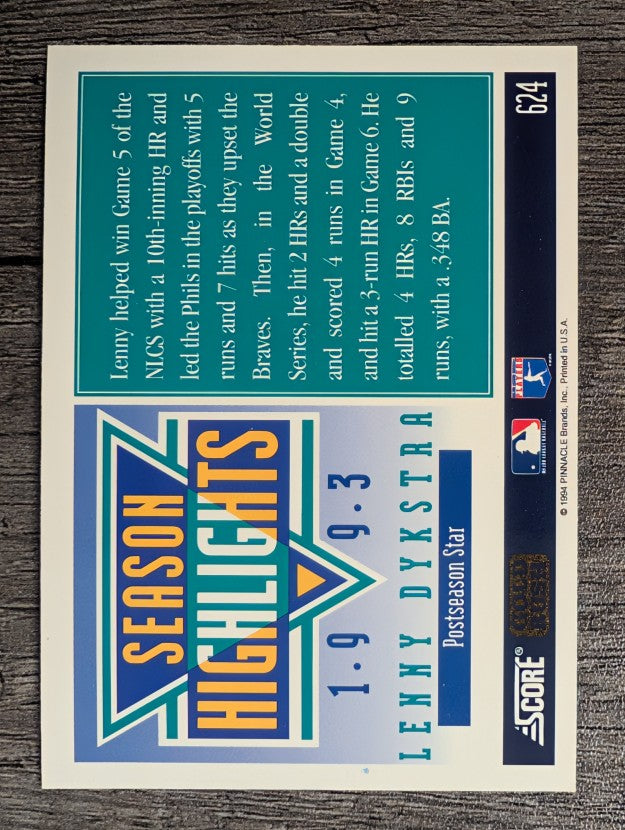 1994 Score Gold Rush #624 Lenny Dykstra WS