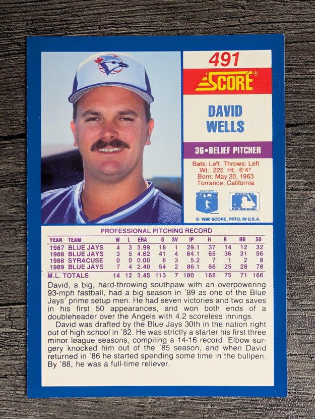 1990 Score #491A David Wells ERR/Reverse negative photo on card back