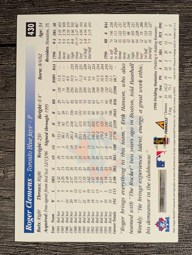 1997 Score #430 Roger Clemens