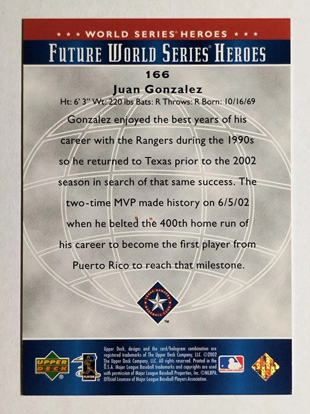 2002 Upper Deck World Series Heroes #166 Juan Gonzalez FWS