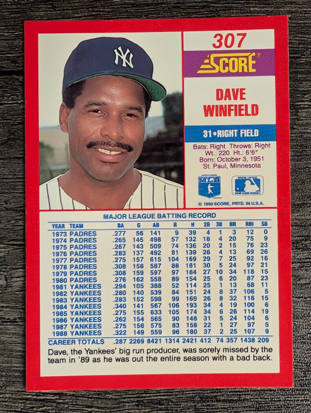 1990 Score #307 Dave Winfield