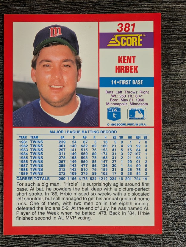 1990 Score #381 Kent Hrbek