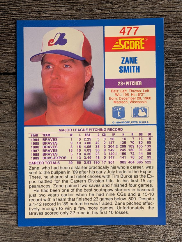 1990 Score #477B Zane Smith COR/career ERA 3.93