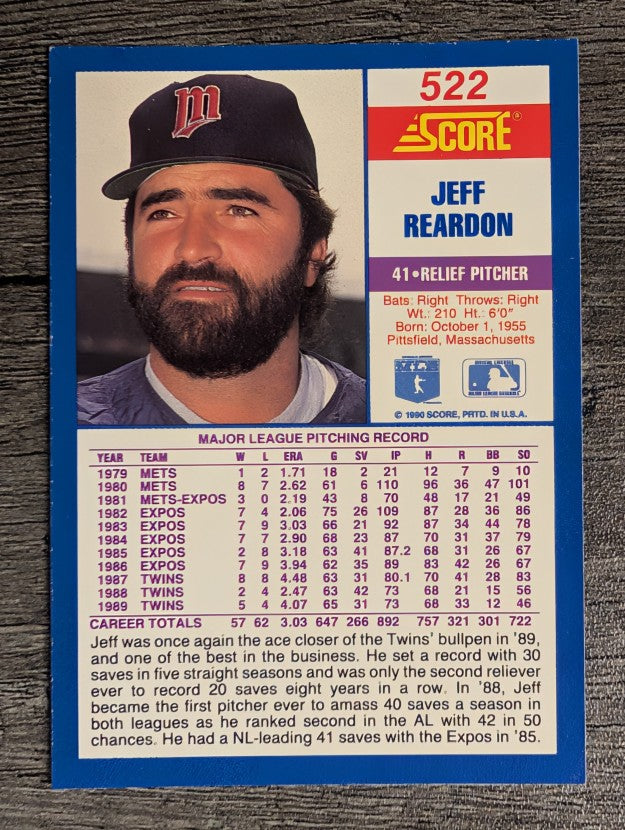 1990 Score #522 Jeff Reardon