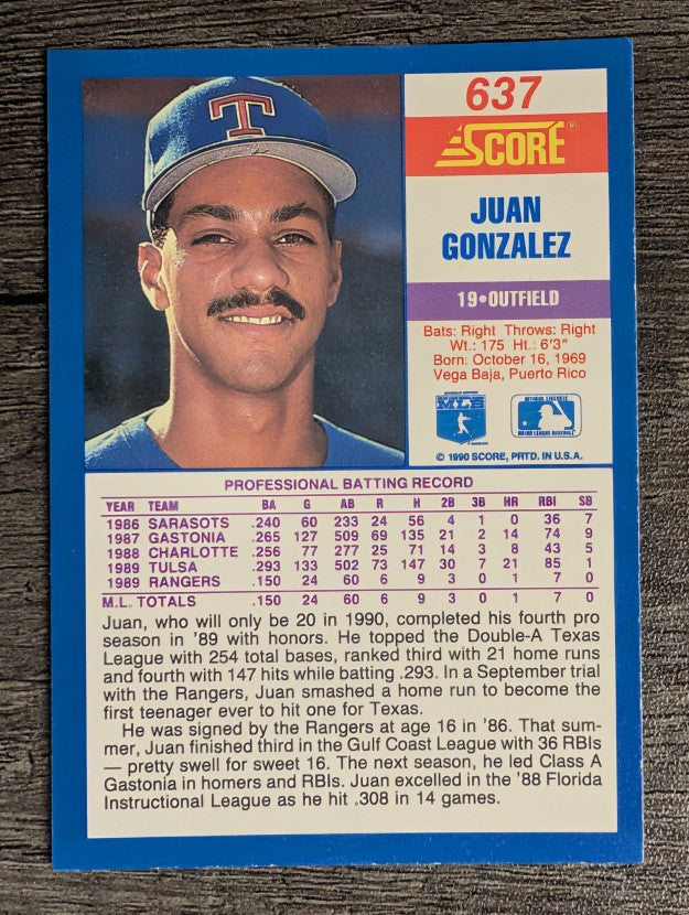 1990 Score #637 Juan Gonzalez RC