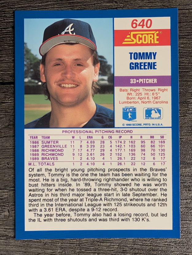 1990 Score #640 Tommy Greene RC