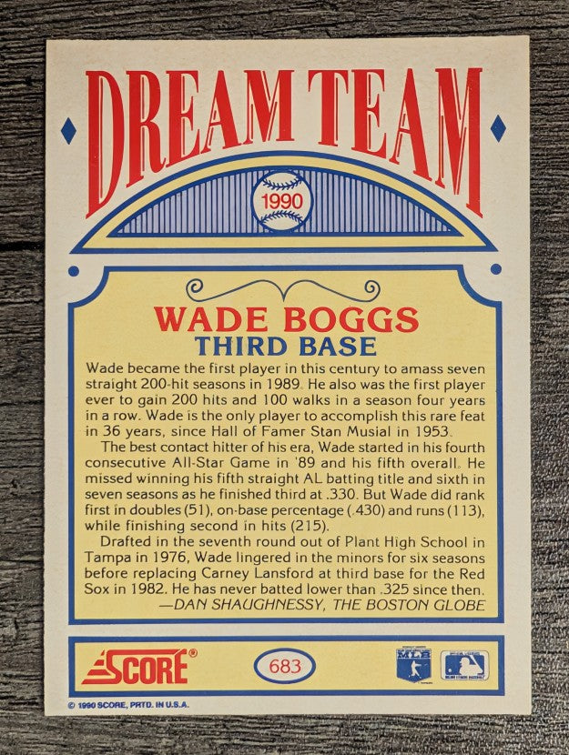 1990 Score #683A Wade Boggs DT ERR/Text says 215 hits in '89