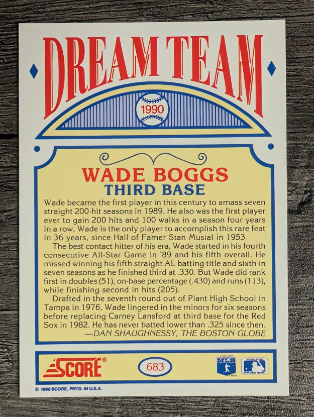 1990 Score #683B Wade Boggs DT COR/Text says 205 hits in '89