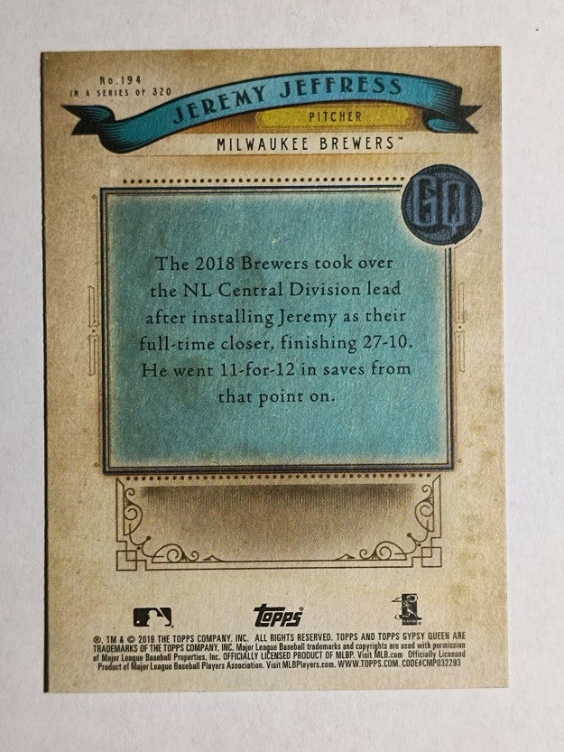 2019 Topps Gypsy Queen #194 Jeremy Jeffress