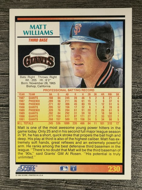 1992 Score #230 Matt Williams