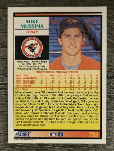 1992 Score #755 Mike Mussina
