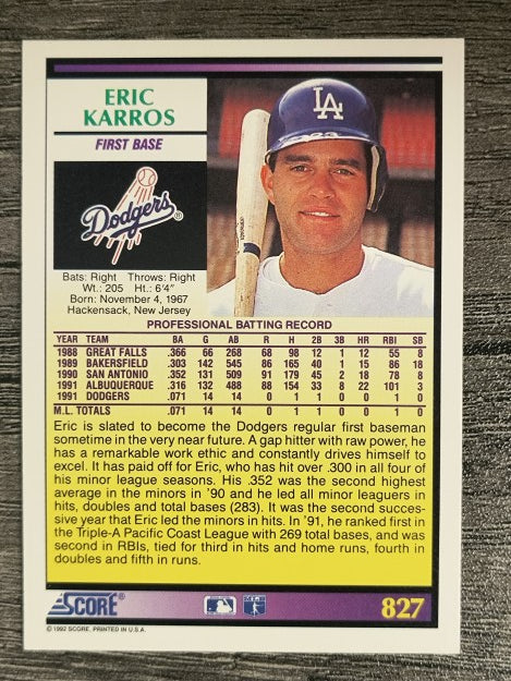 1992 Score #827 Eric Karros