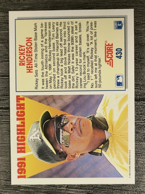 1992 Score #430 Rickey Henderson HL
