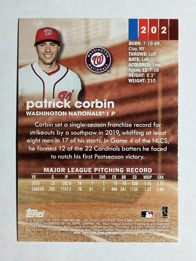 2020 Stadium Club #202 Patrick Corbin