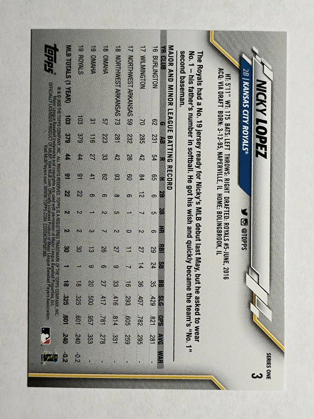 2020 Topps #3 Nicky Lopez