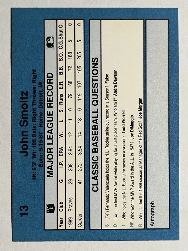 1990 Classic Blue #13 John Smoltz