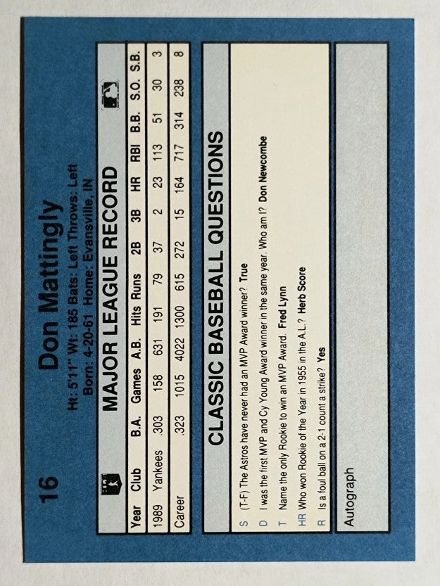 1990 Classic Blue #16 Don Mattingly