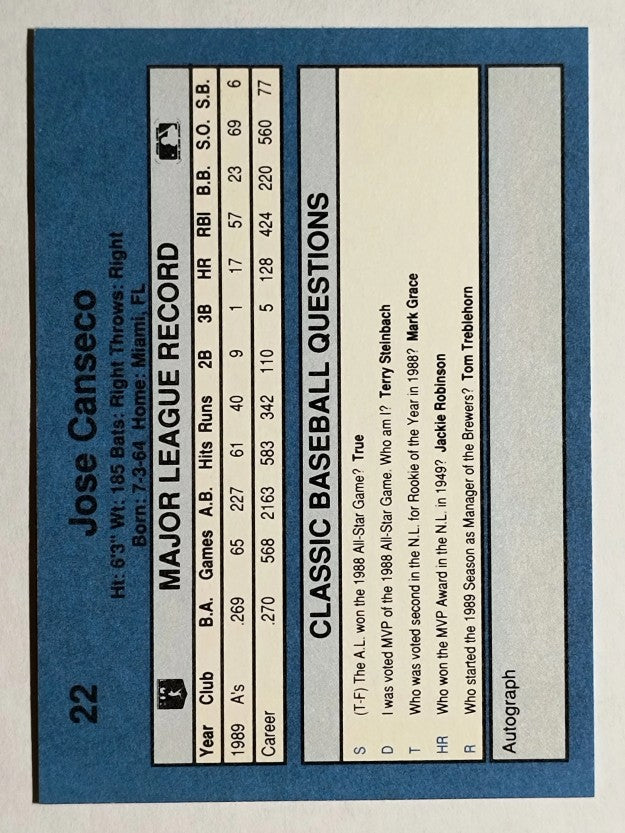 1990 Classic Blue #22 Jose Canseco