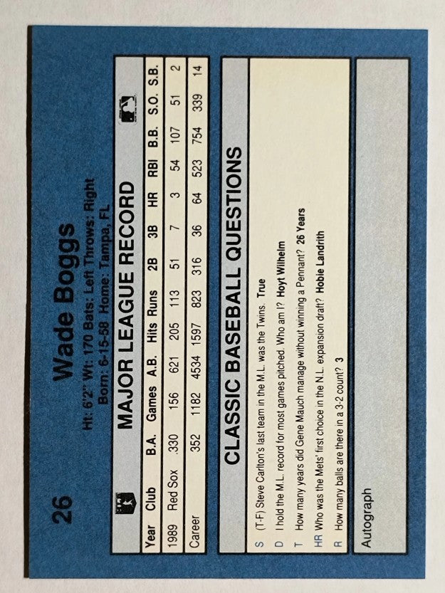 1990 Classic Blue #26 Wade Boggs