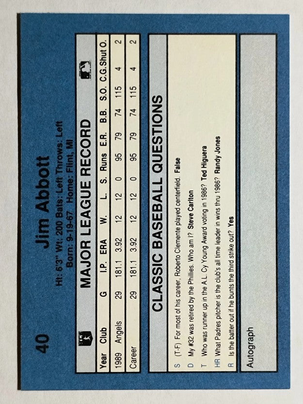 1990 Classic Blue #40 Jim Abbott