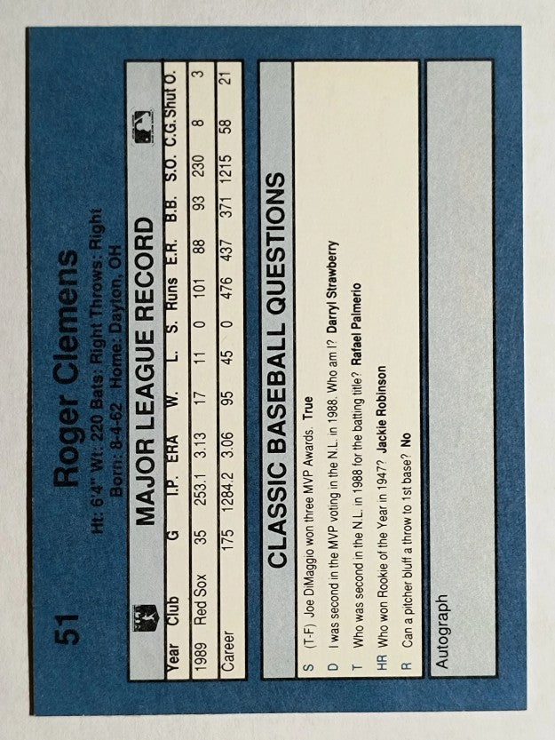 1990 Classic Blue #51 Roger Clemens