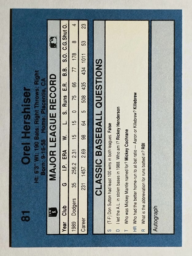 1990 Classic Blue #81 Orel Hershiser