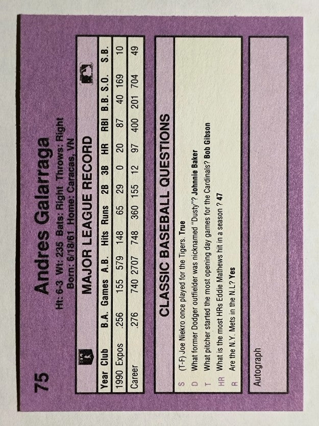 1991 Classic Game #75 Andres Galarraga