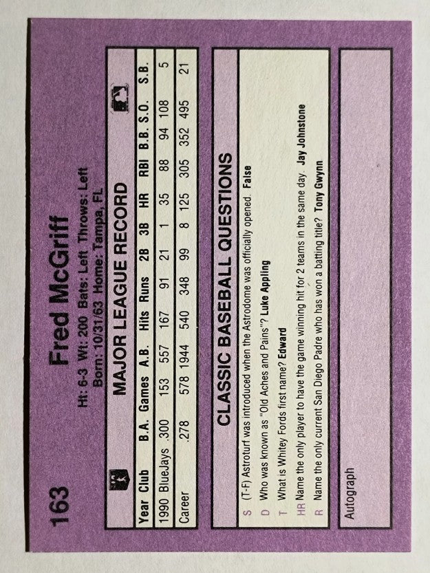 1991 Classic Game #163 Fred McGriff