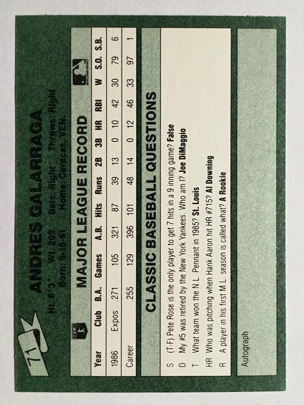 1987 Classic Game #71 Andres Galarraga (NM)