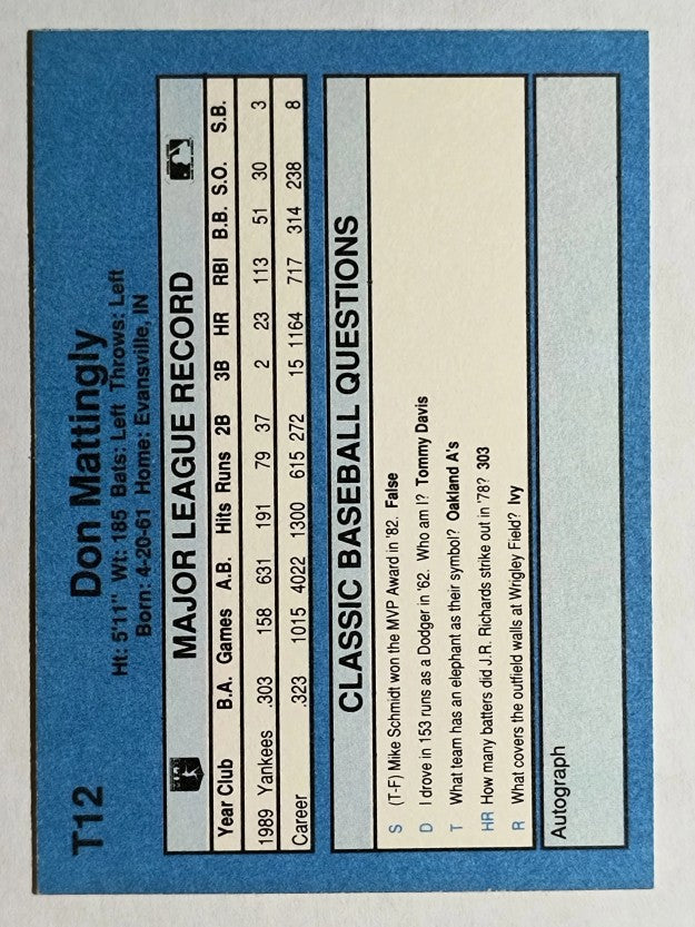 1990 Classic Yellow #T12 Don Mattingly