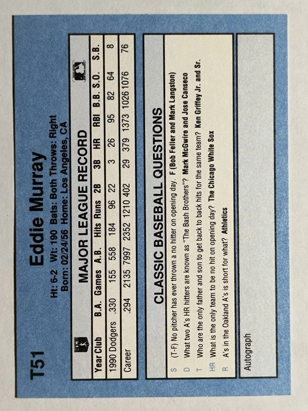 1991 Classic I #T51 Eddie Murray