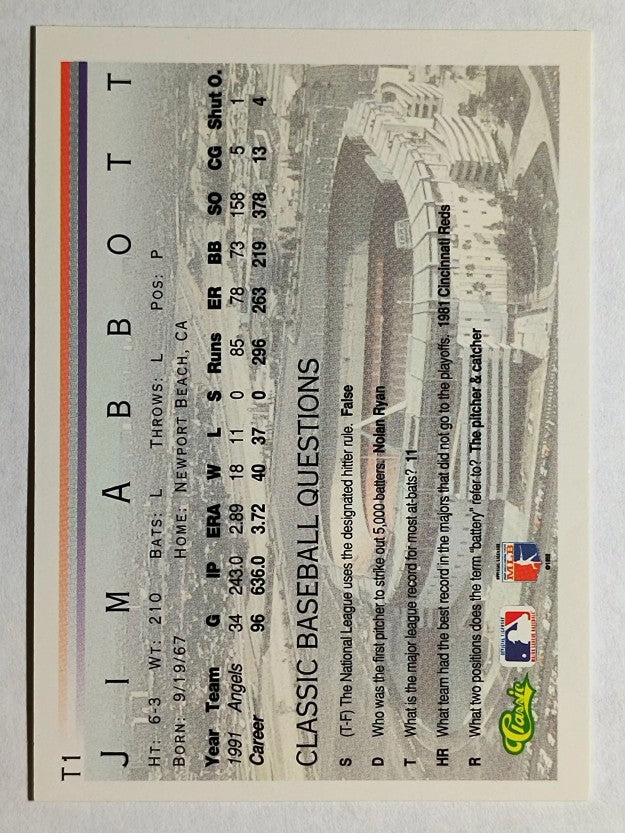 1992 Classic I #T1 Jim Abbott