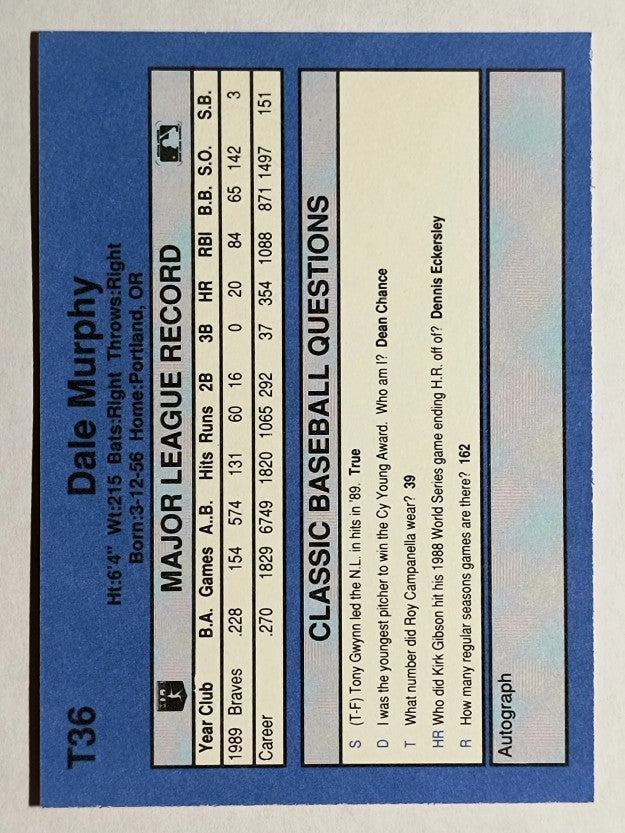 1990 Classic Update #T36 Dale Murphy