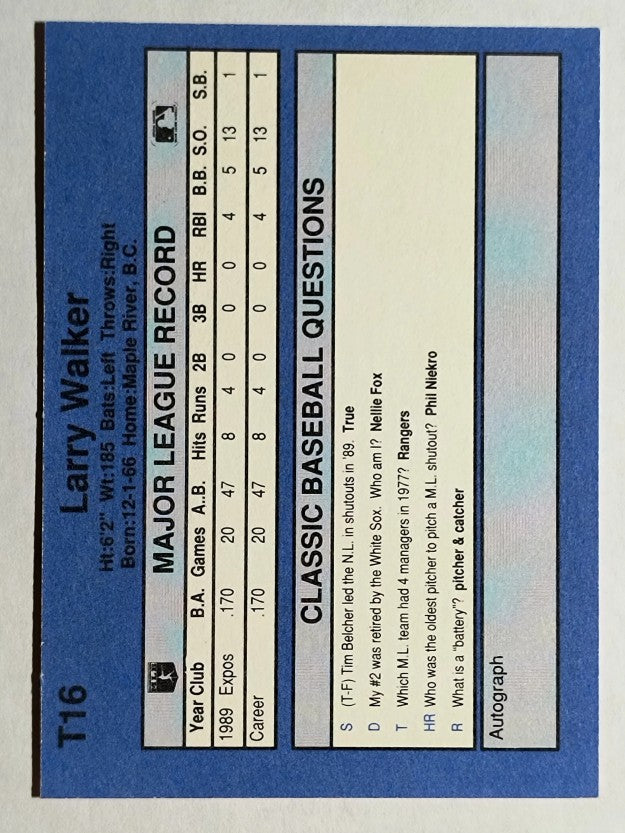 1990 Classic Update #T16 Larry Walker