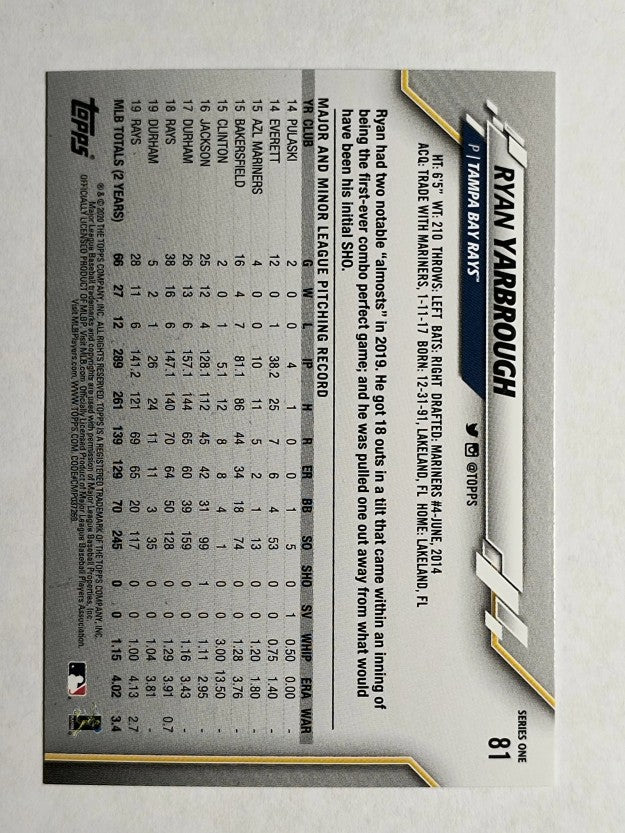 2020 Topps #81 Ryan Yarbrough