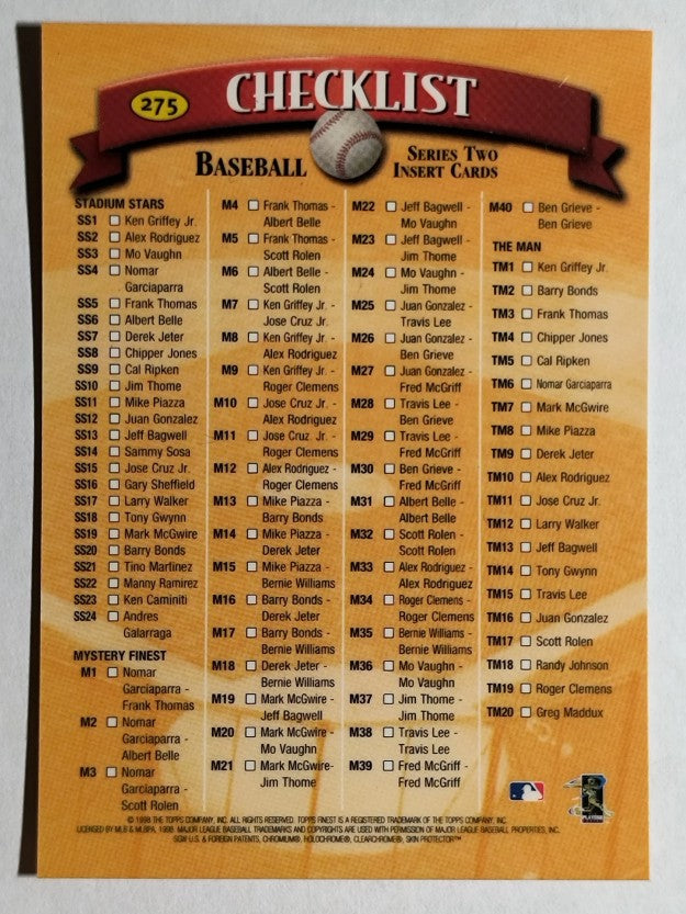 1998 Finest #275 Checklist 151-275