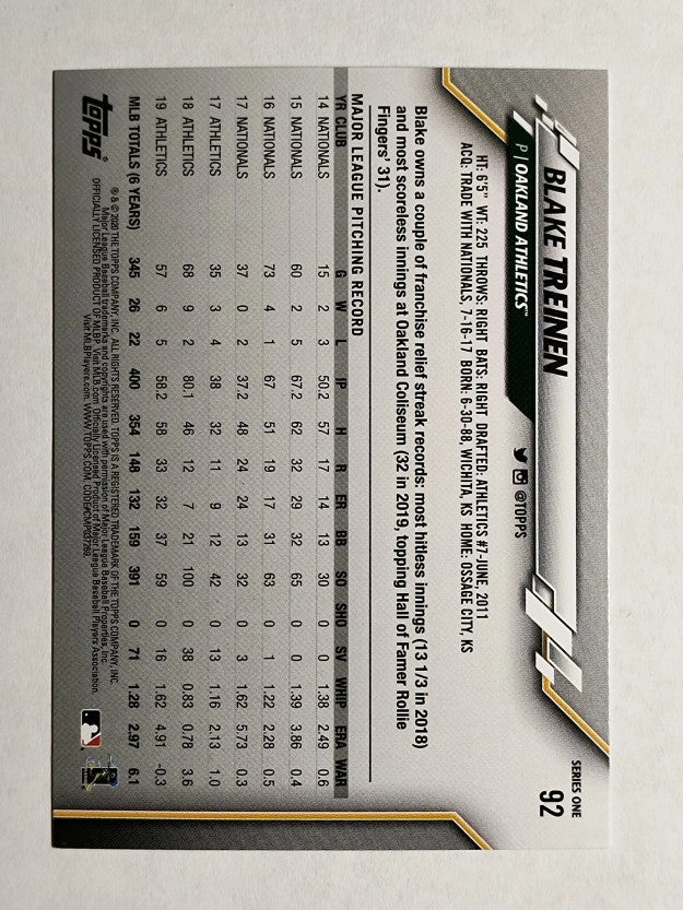 2020 Topps #92 Blake Treinen