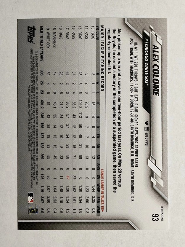 2020 Topps #93 Alex Colome