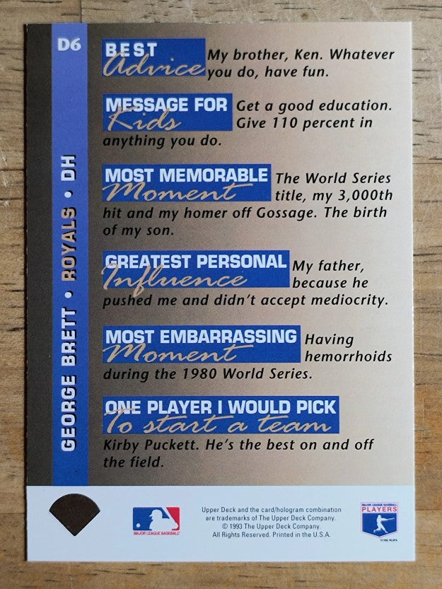 1993 Upper Deck On Deck #D6 George Brett