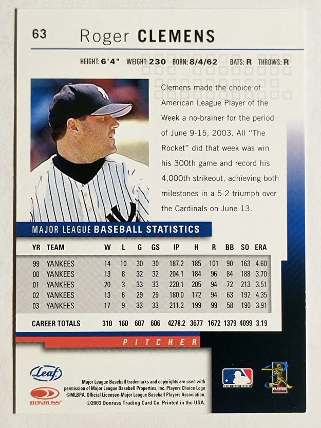 2004 Leaf Second Edition #63 Roger Clemens