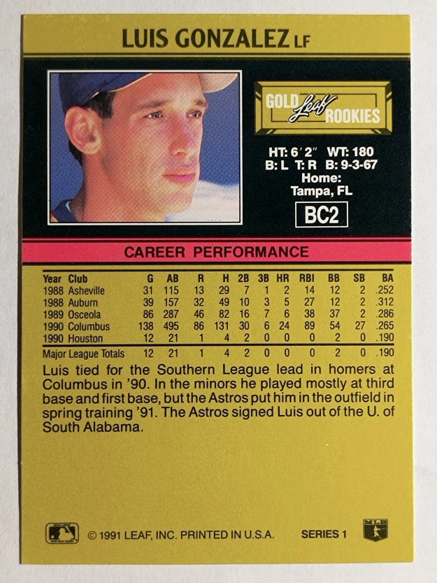 1991 Leaf Gold Rookies #BC2 Luis Gonzalez