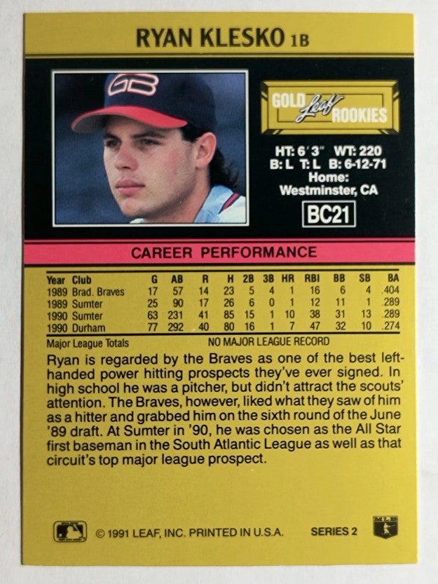 1991 Leaf Gold Rookies #BC21 Ryan Klesko