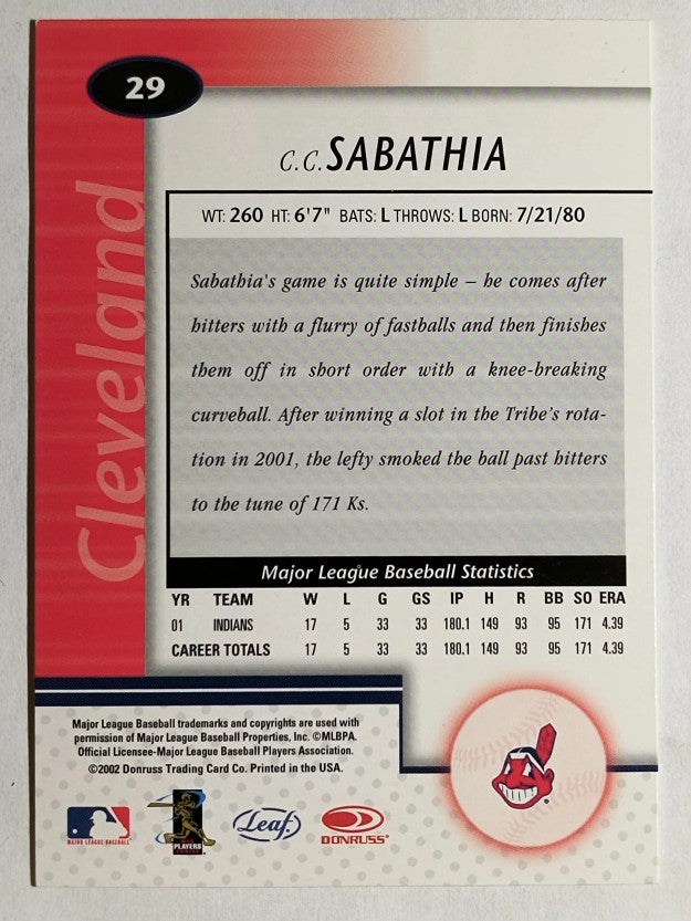 2002 Leaf Certified #29 C.C. Sabathia