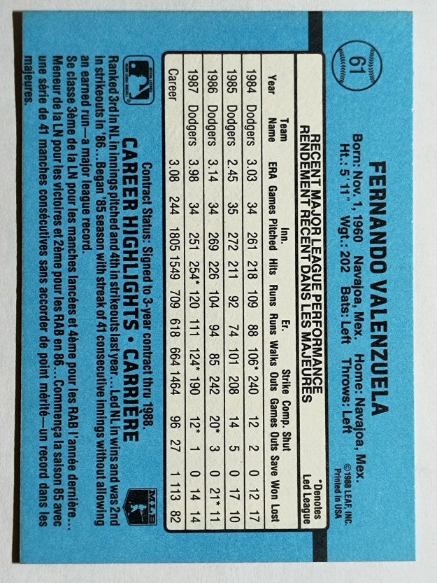 1988 Leaf/Donruss #61 Fernando Valenzuela